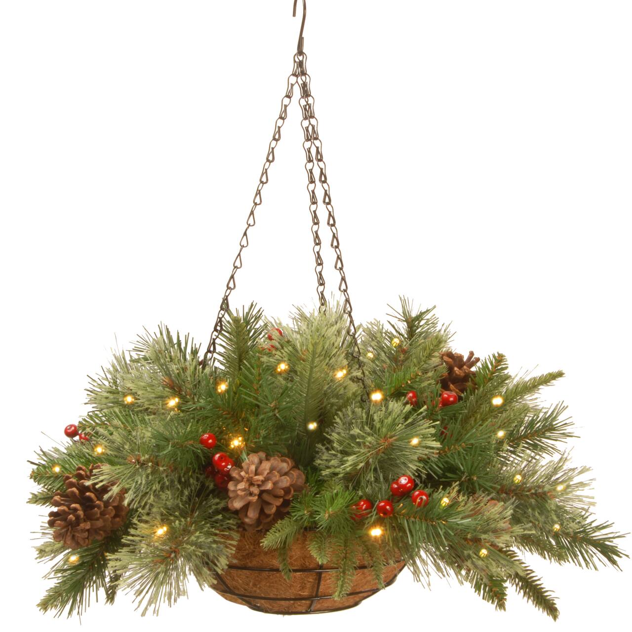 20" Pre-lit Feel Real® Colonial Artificial Christmas Hanging Basket with Cones, Red Berries &50 Warm White Battery Operated LED Lights w/Timer